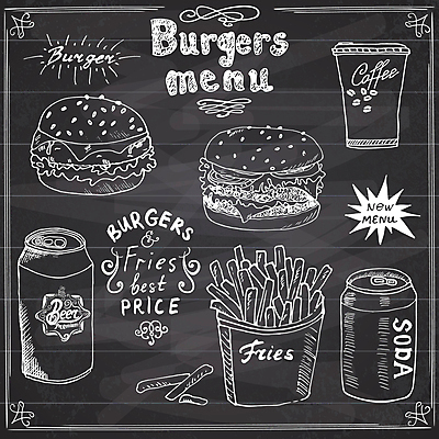 JPG 해외이미지 커피 일러스트 타이포그라피 사람없음 감자튀김 햄버거 낙서 메뉴 그림 캔맥주 사이다 해외일러스트 문자 음료 감자 맥주 패스트푸드 튀김 캔 파일형식 이미지허브