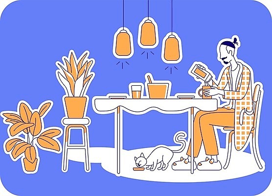 EPS 해외이미지 전신 라이프스타일 남자 화분 여유 거실 의자 일러스트 탁자 휴식 조명 실내 한명 들기 앉기 성인 일상 컵 파란색 주황색 식사 고양이 우유 붓기 주말 성인남자한명만 반려묘 해외일러스트 1 식기 감정 컬러 가구 컨셉 포유류 모션 유제품 사람 내부 라이프 생활 반려동물 남자한명만 성인남자만 파일형식 벡터 이미지허브