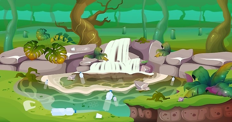 EPS 해외이미지 나무 줄기 잎 일러스트 사람없음 폭포 환경오염 쓰레기 열대우림 페트병 비닐 몬스테라 벌목 쓰레기불법투기 해외일러스트 식물 컨셉 자연 재질 숲 병_담는 파일형식 벡터 이미지허브