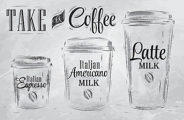 EPS 해외이미지 영어 포스터 일러스트 타이포그라피 사람없음 세트 낙서 메뉴 사이즈 아메리카노 에스프레소 라떼 테이크아웃컵 해외일러스트 문자 커피 컵 파일형식 벡터 이미지허브