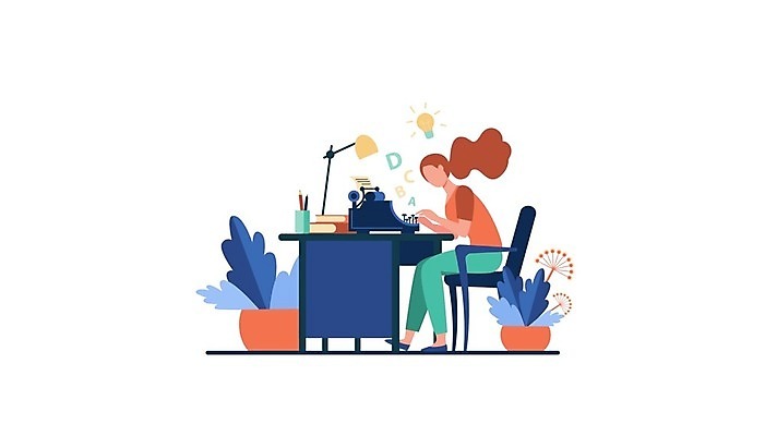 EPS 해외이미지 전신 여자 화분 의자 일러스트 전구 아이디어 한명 앉기 성인 책 스탠드 타이핑 업무 작가 책상 문서 타자기 성인여자한명만 해외일러스트 직업 1 가구 컨셉 모션 조명 사람 골동품 작업 여자한명만 성인여자만 파일형식 벡터 이미지허브