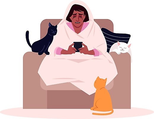 EPS 해외이미지 전신 여자 쿠션 일러스트 세마리 한명 들기 앉기 성인 스마트폰 소파 눕기 고양이 기댐 슬픔 좌절 고독 이별 눈물 그리움 우울감 우울증 성인여자한명만 해외일러스트 1 감정 컨셉 의자 포유류 모션 3 사람 핸드폰 스마트기기 반려동물 질병 여자한명만 성인여자만 파일형식 벡터 이미지허브