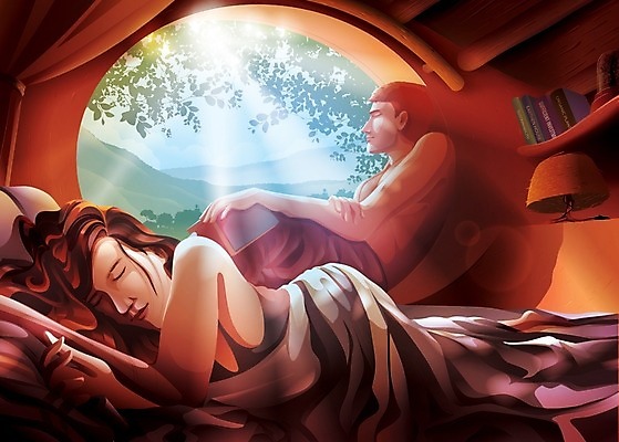 EPS 해외이미지 커플 지구 일러스트 창문 자연 아침 휴식 산 독서 햇빛 평화 흙 침실 침대 잠 원형 점토 안락 해외일러스트 주간 도형 가구 컨셉 관계 태양 생태계 파일형식 벡터 이미지허브