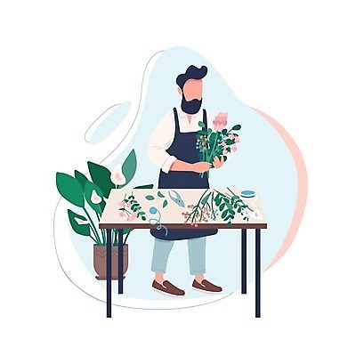 EPS 해외이미지 전신 식물 남자 꽃 리본 화분 줄기 꽃다발 잎 일러스트 한명 서기 들기 성인 앞치마 책상 전정가위 플로리스트 얼굴없음 성인남자한명만 해외일러스트 직업 1 가구 모션 가위_도구 사람 남자한명만 성인남자만 파일형식 벡터 이미지허브