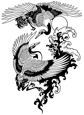 EPS 해외이미지 동물 커플 아시아 문화 파도 일러스트 조류 흑백 미술 그래픽 장식 물 태양 일본 중국 우아함 문신 심볼 기중기 고립 해외일러스트 자연요소 나라 바다 컨셉 관계 문화예술 촬영기법 중장비 파일형식 벡터 이미지허브