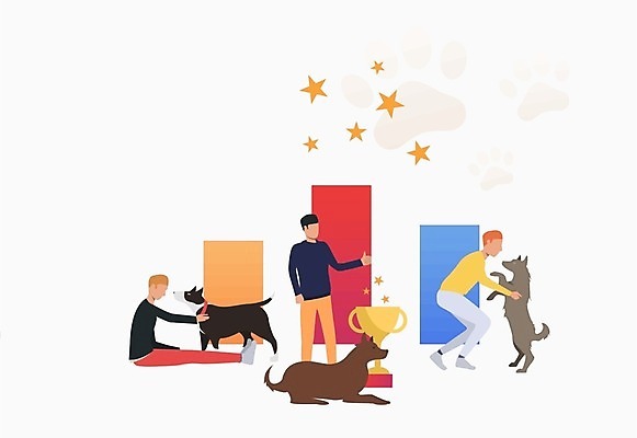 EPS 해외이미지 전신 남자 별 반려견 일러스트 안기 앉기 성인 세명 우승 트로피 따봉 성인남자만 해외일러스트 자연요소 모션 사람 반려동물 최고 개 상_우승 남자만 성인만 파일형식 벡터 이미지허브