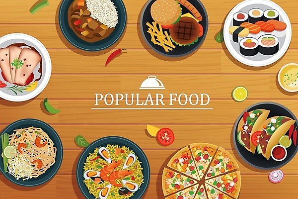 EPS 해외이미지 일러스트 탁자 피자 요리 사람없음 초밥 햄버거 카레 타코 인기 파에야 해외일러스트 음식 가구 패스트푸드 서양음식 일본음식 파일형식 벡터 이미지허브
