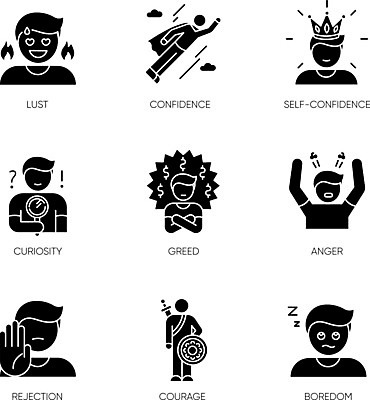 EPS 해외이미지 클립아트 디자인 감정 실루엣 컨셉 생각 일러스트 세트 픽토그램 검은색 웹 분노 마음 표현 최고 용기 플랫 거절 수집 지루함 가득함 심볼 호기심 심플 긍정 팩 욕심 나쁜 고립 고체 반응 부정적 상형문자 엘리먼트 항목 활자 해외일러스트 문자 그릇 컬러 인터넷 촬영기법 화장품 활자판 파일형식 벡터 이미지허브