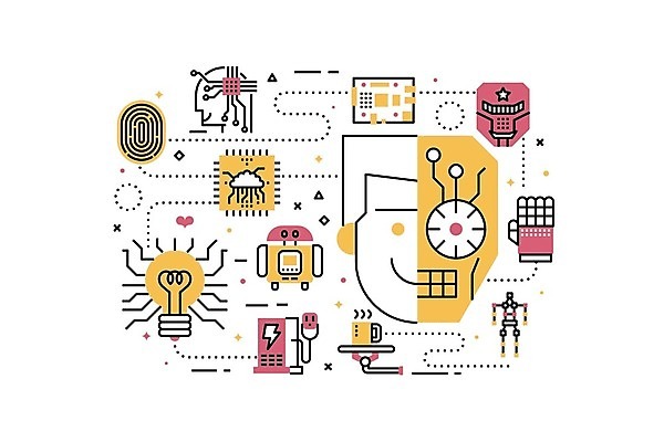 EPS 해외이미지 디자인 산업 과학 백그라운드 컨셉 일러스트 비즈니스 공장 미래 사람 컴퓨터 머리 기계 흰색 로봇 팔 안드로이드 인공 자동화 제어 지능 AI_인공지능 해외일러스트 컬러 공업 신체부위 전자제품 파일형식 벡터 이미지허브