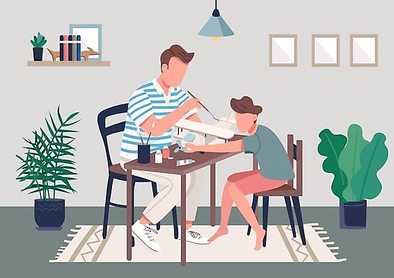 EPS 해외이미지 전신 식물 남자 화분 아들 어린이 의자 일러스트 들기 앉기 소년 성인 두명 붓 색칠 아빠 책상 조립 비행기모형 남자만 해외일러스트 가구 가족 모션 비행기 사람 모형 파일형식 벡터 이미지허브