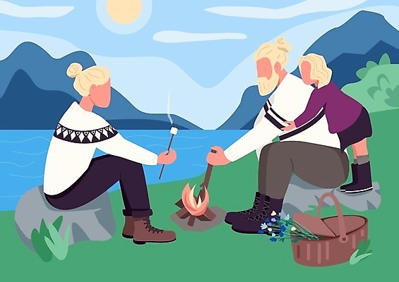 EPS 해외이미지 여자 남자 딸 어린이 일러스트 엄마 산 성인 세명 바구니 캠핑 아빠 모닥불 스칸디나비아 해외일러스트 가족 불 레저 사람 파일형식 벡터 이미지허브