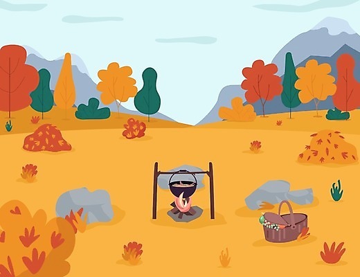 EPS 해외이미지 음식 백그라운드 과일 일러스트 하늘 단풍나무 산 사람없음 소풍 주황색 냄비 모닥불 소풍바구니 해외일러스트 나무 컬러 단풍 불 야외활동 바구니 솥 파일형식 벡터 이미지허브