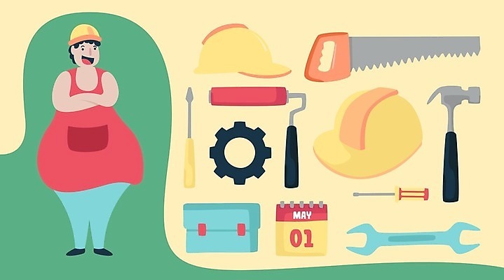 EPS 해외이미지 전신 남자 일러스트 노동자 작업복 한명 웃음 성인 팔짱 달력 스패너 망치 안전모 공구함 톱니바퀴 톱 근로자의날 일자드라이버 성인남자한명만 해외일러스트 직업 1 옷 기념일 모션 표정 사람 공구 드라이버_공구 헬멧 안전장비 남자한명만 성인남자만 파일형식 벡터 이미지허브