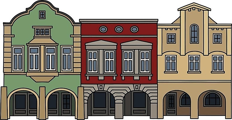 EPS 해외이미지 도로 길 일러스트 거리 주택 굴뚝 건물 빨간색 초록색 노란색 회색 햄버거 흰색 도시 역사 만화 대문 정사각형 광장 타운 법정 옛날 회랑 해외일러스트 도형 건축물 컬러 교통시설 패스트푸드 문 복도 파일형식 벡터 이미지허브