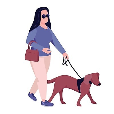 EPS 해외이미지 전신 여자 일러스트 한명 성인 반려동물 선글라스 걷기 잡기 시력 동반자 시각장애인 안내견 헬프 성인여자한명만 해외일러스트 동물 1 안경 모션 사람 도움 개 장애인 여자한명만 성인여자만 파일형식 벡터 이미지허브