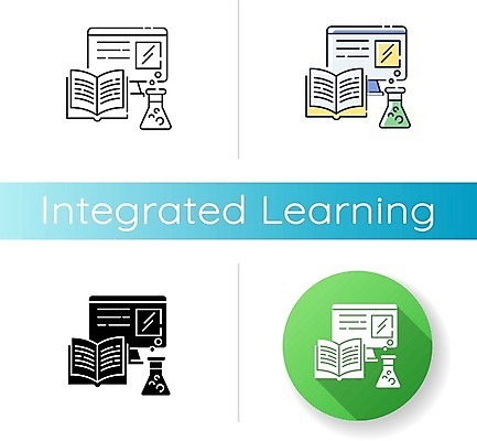 EPS 해외이미지 교육 일러스트 수업 사람없음 책 세트 모니터 원형 삼각플라스크 해외일러스트 도형 컴퓨터 플라스크 파일형식 벡터 이미지허브