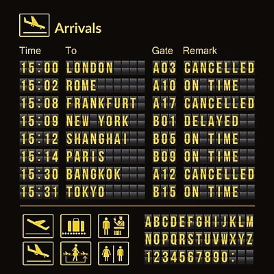 EPS 해외이미지 디자인 배너 알파벳 여행 일러스트 비즈니스 교통시설 탁자 노란색 3D 스크린 정보 시간 판넬 시간표 편지 도착 항공 사인 출발 대문 신분 아날로그 점수 터미널 프로그램 현실 해외일러스트 영어 컬러 가구 교통 컨셉 문 계획 디지털합성 시설 파일형식 벡터 이미지허브