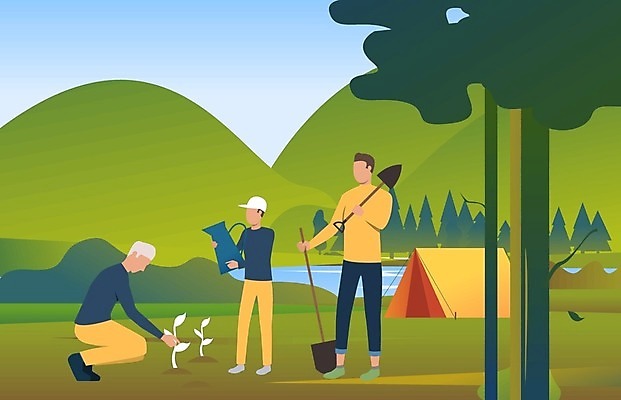 EPS 해외이미지 나무 남자 일러스트 텐트 들기 성인 세명 물뿌리개 숲 삽 심기 성인남자만 무릎구부리기 해외일러스트 식물 포즈 모션 캠핑도구 사람 남자만 성인만 파일형식 벡터 이미지허브