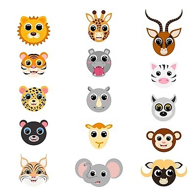 EPS 해외이미지 클립아트 동물 캐릭터 디자인 행복 얼굴 야생동물 백그라운드 일러스트 자연 코끼리 동물원 미술 그래픽 세트 컬러풀 귀여움 흰색 원숭이 플랫 달콤 사자 눈동자 만화 수집 기린 심볼 만족 심플 낙타 얼룩말 코뿔소 가젤 고립 엘리먼트 해외일러스트 일러캐릭터 감정 컬러 컨셉 포유류 문화예술 신체부위 눈 말 맛 생태계 안구 파일형식 벡터 이미지허브