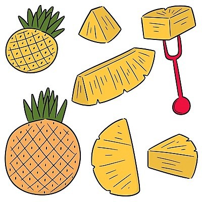 EPS 해외이미지 조각 포크 일러스트 단면 사람없음 노란색 낙서 파인애플 해외일러스트 식기 컬러 과일 열대과일 파일형식 벡터 이미지허브