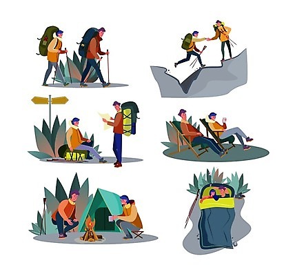 EPS 해외이미지 여자 남자 일러스트 배낭 캠핑도구 앉기 여러명 성인 눕기 걷기 손잡기 등산 캠핑 표지판 모닥불 침낭 성인만 해외일러스트 다수 가방 모션 불 레저 알림판 사람 트래킹 도구 파일형식 벡터 이미지허브