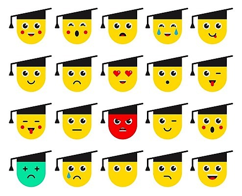 EPS 해외이미지 행복 감정 일러스트 학사모 무표정 표정 윙크 사람없음 노란색 고통 다양 슬픔 분노 표현 울음 수줍음 눈물 메롱 이모티콘 싫은 반하는 해외일러스트 모자_잡화 컬러 다수 컨셉 졸업 모션 파일형식 벡터 이미지허브