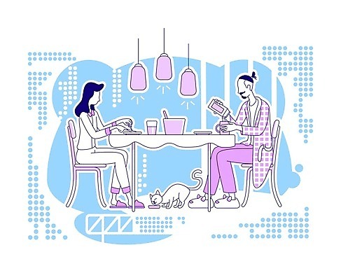 EPS 해외이미지 전신 라이프스타일 커플 여자 남자 여유 하늘색 의자 일러스트 가족 탁자 휴식 조명 함께함 실내 앉기 성인 두명 일상 주방 보라색 식사 고양이 붓기 자르기 주말 성인만 반려묘 해외일러스트 감정 컬러 가구 컨셉 포유류 관계 모션 사람 내부 라이프 생활 파란색 반려동물 파일형식 벡터 이미지허브