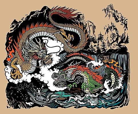 EPS 해외이미지 동양문화 전통 일러스트 동양인 사람없음 폭포 용 문신 해외일러스트 문화 자연 인종 파일형식 벡터 이미지허브