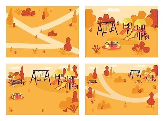 EPS 해외이미지 백그라운드 벤치 일러스트 단풍나무 사람없음 세트 주황색 산책로 미끄럼틀 놀이기구 놀이터 그네 해외일러스트 나무 길 컬러 단풍 의자 놀이 파일형식 벡터 이미지허브