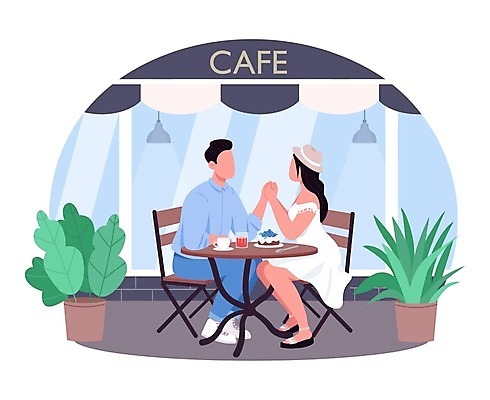 EPS 해외이미지 전신 부부 여자 남자 화분 음료 결혼 의자 일러스트 탁자 조명 앉기 성인 두명 마주보기 케이크 손잡기 카페 커피잔 성인만 해외일러스트 커플 커피 가구 모션 디저트 잔 사람 이벤트 상점 파일형식 벡터 이미지허브