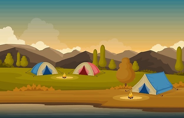EPS 해외이미지 호수 일러스트 하늘 산 텐트 사람없음 물 강 캠핑 숲 해외일러스트 자연요소 레저 캠핑도구 파일형식 벡터 이미지허브