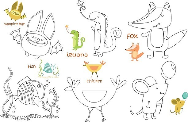 EPS 해외이미지 동물 어린이 일러스트 어류 책 치킨 낙서 쥐 만화 여우 페이지 박쥐 색칠공부 해외일러스트 포유류 사람 학습 수중동물 색칠 설치류 닭고기요리 파일형식 벡터 이미지허브