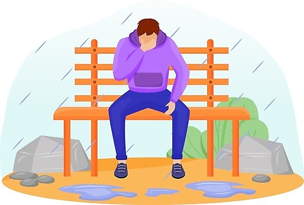 EPS 해외이미지 전신 남자 잎 벤치 일러스트 한명 앉기 성인 슬픔 비 울음 우울증 얼굴없음 성인남자한명만 해외일러스트 자연요소 식물 1 감정 의자 모션 날씨 표정 사람 질병 남자한명만 성인남자만 파일형식 벡터 이미지허브