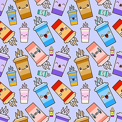 EPS 해외이미지 커피 패턴 일러스트 표정 사람없음 보라색 커피잔 음식캐릭터 해외일러스트 일러캐릭터 캐릭터 음료 음식 컬러 무늬 잔 파일형식 벡터 이미지허브