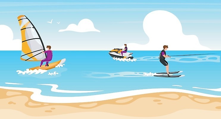 EPS 해외이미지 여자 남자 일러스트 물놀이 하늘 휴식 성인 해변 세명 윈드서핑 제트스키 수상스키 성인만 해외일러스트 바다 컨셉 놀이 사람 수상스포츠 파일형식 벡터 이미지허브