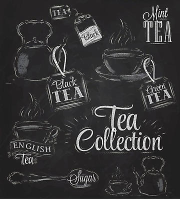 EPS 해외이미지 영어 포스터 일러스트 주전자 타이포그라피 사람없음 세트 꼬리표 낙서 찻잔 티스푼 메뉴 티백 해외일러스트 문자 주방용품 잔 차_음료 라벨 숟가락 파일형식 벡터 이미지허브