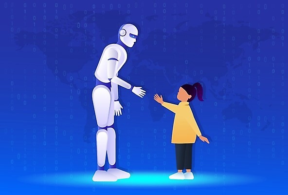 EPS 해외이미지 전신 여자 어린이 일러스트 한명 파란색 손들기 손내밀기 로봇 소녀한명만 해외일러스트 1 컬러 모션 사람 손짓 여자한명만 소녀만 파일형식 벡터 이미지허브