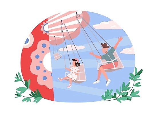 EPS 해외이미지 여자 남자 어린이 잎 일러스트 하늘 팔벌리기 함께함 앉기 소년 두명 놀이공원 떠있는 승차 회전그네 얼굴없음 어린이만 해외일러스트 식물 컨셉 모션 사람 테마파크 놀이기구 파일형식 벡터 이미지허브