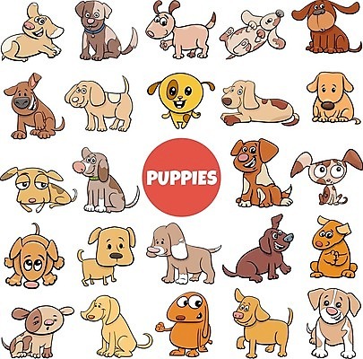 EPS 해외이미지 캐릭터 엎드리기 일러스트 서기 앉기 사람없음 반려동물 눕기 갈색 귀여움 뒤돌아보기 개 만화 목줄 해외일러스트 일러캐릭터 동물 컬러 컨셉 포유류 모션 파일형식 벡터 반려용품 이미지허브