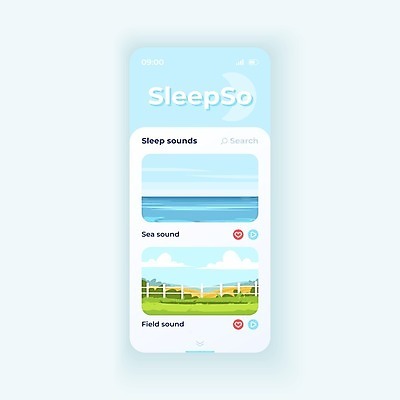 EPS 해외이미지 디자인 음악 바다 하늘색 일러스트 자연 모바일 초원 사람없음 스마트폰 디지털 스크린 소리 듣기 잠 수면 플랫 어플리케이션 레이아웃 오디오 UI 인터페이스 플레이어 목업 ASMR 해외일러스트 모션 문화예술 물 파란색 전자제품 핸드폰 스마트기기 생태계 파일형식 벡터 이미지허브