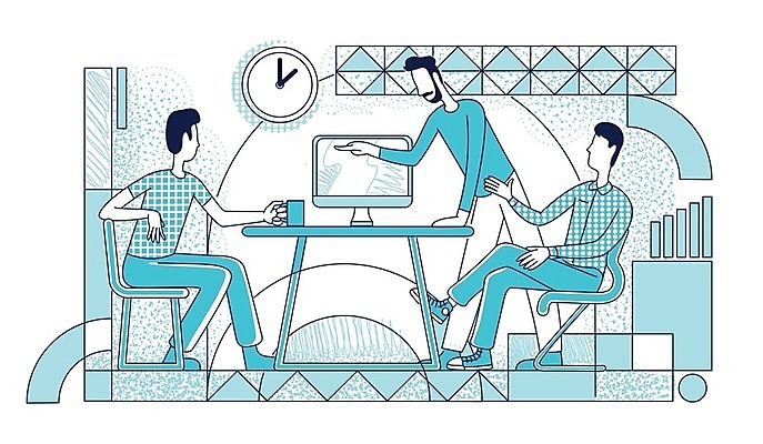 EPS 해외이미지 전신 남자 시계 하늘색 의자 일러스트 탁자 협력 대화 앉기 성인 컵 세명 사무실 모니터 가리킴 잡기 라인아트 프로젝트 성인남자만 브레인스토밍 해외일러스트 식기 선 가구 비즈니스 모션 말하기 사람 손짓 파란색 컴퓨터 남자만 성인만 파일형식 벡터 이미지허브