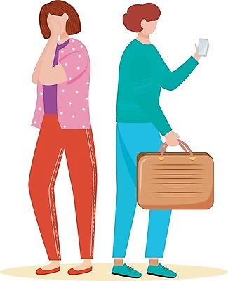 EPS 해외이미지 여자 남자 가방 일러스트 들기 성인 두명 스마트폰 슬픔 이별 갈등 얼굴가리기 이혼 성인만 해외일러스트 잡화 감정 컨셉 모션 사람 핸드폰 스마트기기 가림 파일형식 벡터 이미지허브