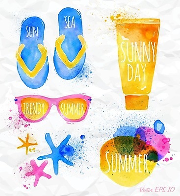 EPS 해외이미지 일러스트 수채화 불가사리 사람없음 여름 컬러풀 선글라스 샌들 쪼리 선크림 손그림 해외일러스트 계절 안경 컬러 신발 극피동물 화장품 파일형식 벡터 이미지허브