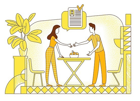 EPS 해외이미지 전신 여자 남자 화분 말풍선 의자 일러스트 탁자 악수 성인 두명 노란색 손내밀기 라인아트 면접 이력서 성인만 해외일러스트 선 컬러 가구 비즈니스 사람 손짓 파일형식 벡터 이미지허브