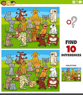 EPS 해외이미지 여자 남자 어린이 여러마리 일러스트 놀이 소년 상반신 세명 고양이 물음표 개 강아지 찾기 틀린그림찾기 어린이만 해외일러스트 기호 다수 포유류 모션 사람 반려동물 파일형식 벡터 이미지허브