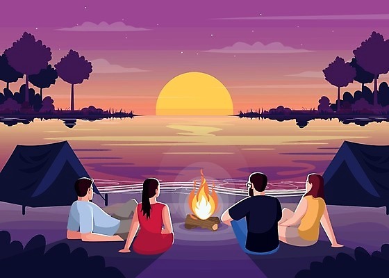 EPS 해외이미지 여자 남자 호수 일러스트 텐트 앉기 여러명 성인 노을 일몰 캠핑 모닥불 성인만 해외일러스트 자연요소 다수 모션 불 레저 캠핑도구 사람 파일형식 벡터 이미지허브