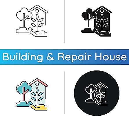 EPS 해외이미지 나무 잎 일러스트 주택 사람없음 세트 원형 손모양 해외일러스트 모양 도형 식물 건물 파일형식 벡터 손_신체부위 이미지허브