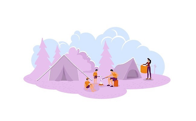 EPS 해외이미지 여자 남자 어린이 분홍색 일러스트 가족 텐트 서기 들기 앉기 소년 여러명 성인 캠핑 굽기 마시멜로우 해외일러스트 컬러 다수 관계 모션 레저 디저트 캠핑도구 사람 구이 파일형식 벡터 이미지허브