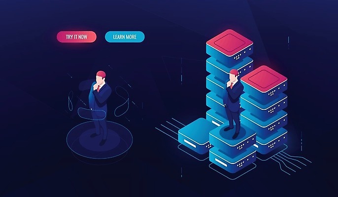 EPS 해외이미지 전신 남자 일러스트 비즈니스 정보기술 서기 정장 성인 두명 파란색 디지털 비즈니스맨 네트워크 고민 데이터베이스 서버 성인남자만 해외일러스트 옷 감정 컬러 모션 기술 사람 직장인 남자만 성인만 파일형식 벡터 이미지허브