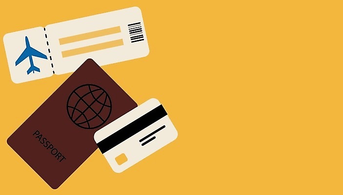 EPS 해외이미지 여행 백그라운드 일러스트 비행기 노란색 여행객 신용카드 티켓 여권 ATM 해외일러스트 컬러 항공교통 대중교통 사람 금융 파일형식 벡터 이미지허브